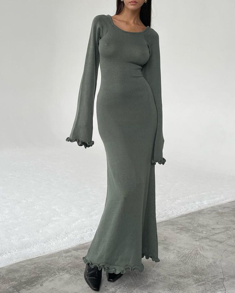 Turndown Collar Button Knit Slim Fit Maxi Dress