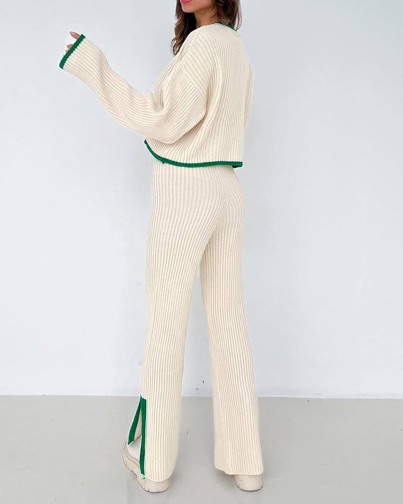Knit Two Piece Outfit Color Block Cropped Top Long Pants Ribbed Sweater Set