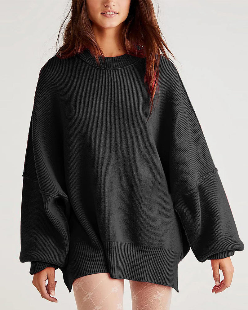Lantern Sleeve Mock Neck Pullover with Ribbed Cinch Hem Batwing Sweater