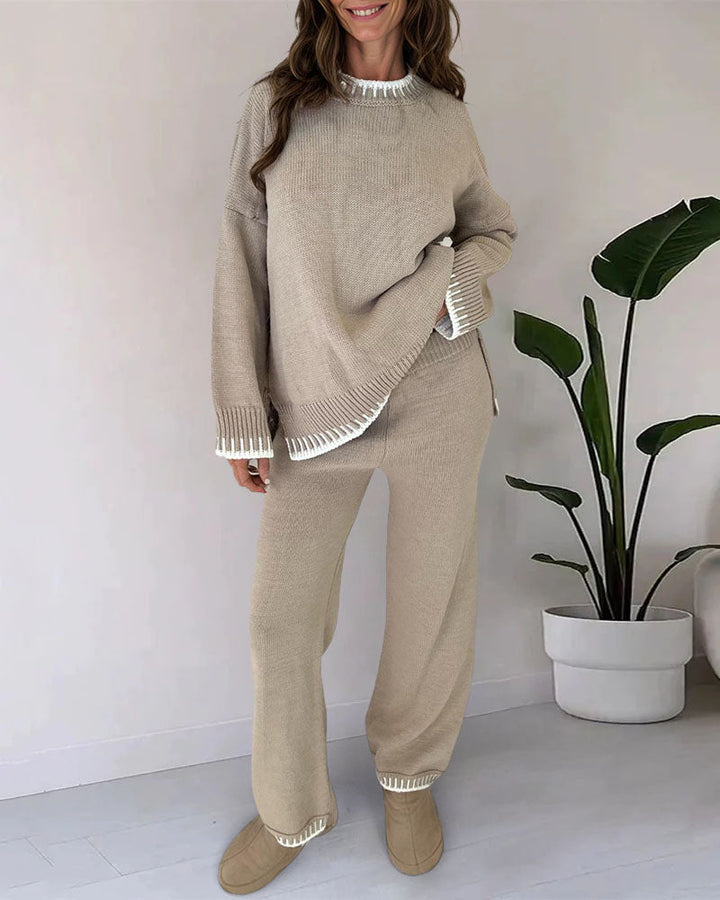 Casual Two-Pieces Outfits Contrast Trim Knitted Jumper and Trousers Sets