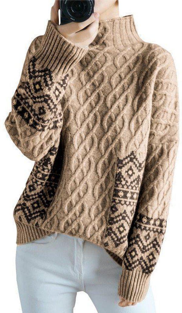 Stylish High Neck Cable-Knit Long Sleeve Printed Sweater