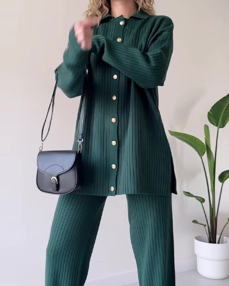 Solid Color Design Button Ribbed Knitted Two Piece Sets