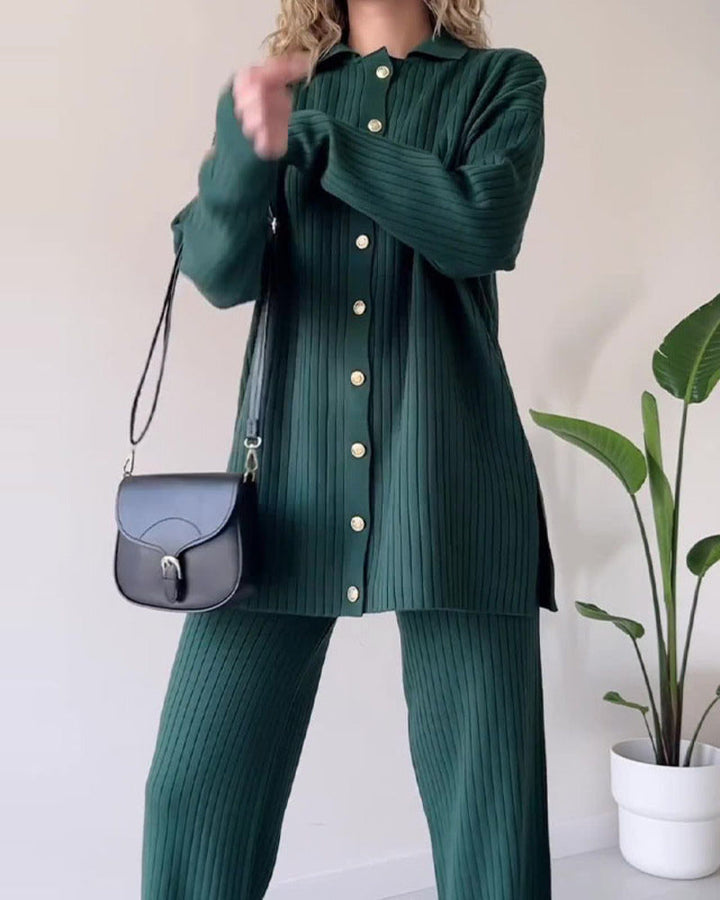 Solid Color Design Button Ribbed Knitted Two Piece Sets