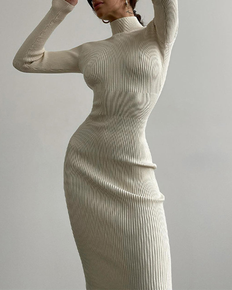 High Collar Short-length Pitted Knitted Dresses Women's Solid Color Knitted Dress