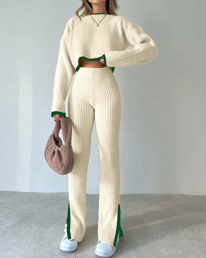 Knit Two Piece Outfit Color Block Cropped Top Long Pants Ribbed Sweater Set