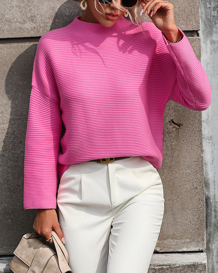 Crewneck Knitted Sweater Solid Color Batwing Long Sleeve Pullover Jumper Top