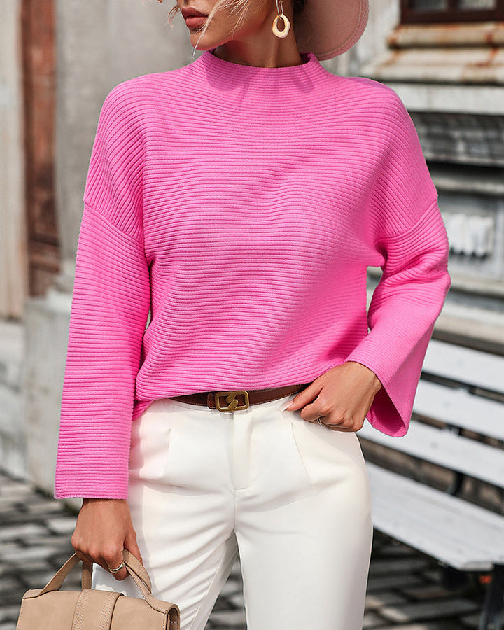 Crewneck Knitted Sweater Solid Color Batwing Long Sleeve Pullover Jumper Top