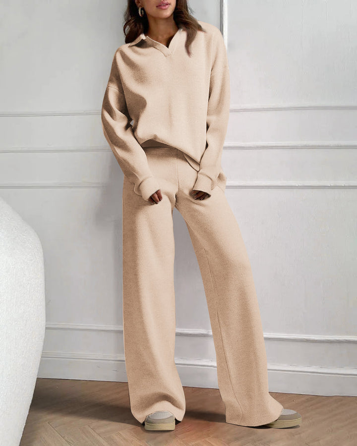 Casual Two-Pieces Outfits Lapel V Neck Sweater and Trousers Sets