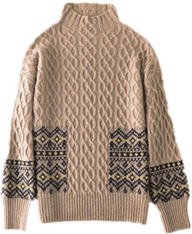 Stylish High Neck Cable-Knit Long Sleeve Printed Sweater