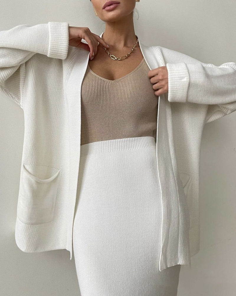 Two Piece Outfit Sweater Set Knitted Cardigan Loose High Waist Long Skirts