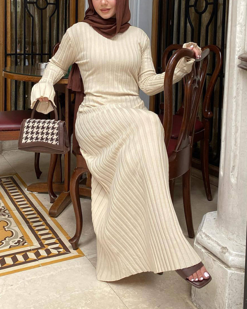Long Sleeve Dress Crew-Neck Knit Maxi Dress Ribbed Elegant Long High Waist Pleated Dresses