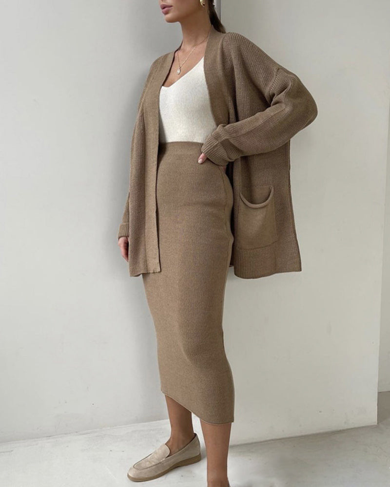 Two Piece Outfit Sweater Set Knitted Cardigan Loose High Waist Long Skirts