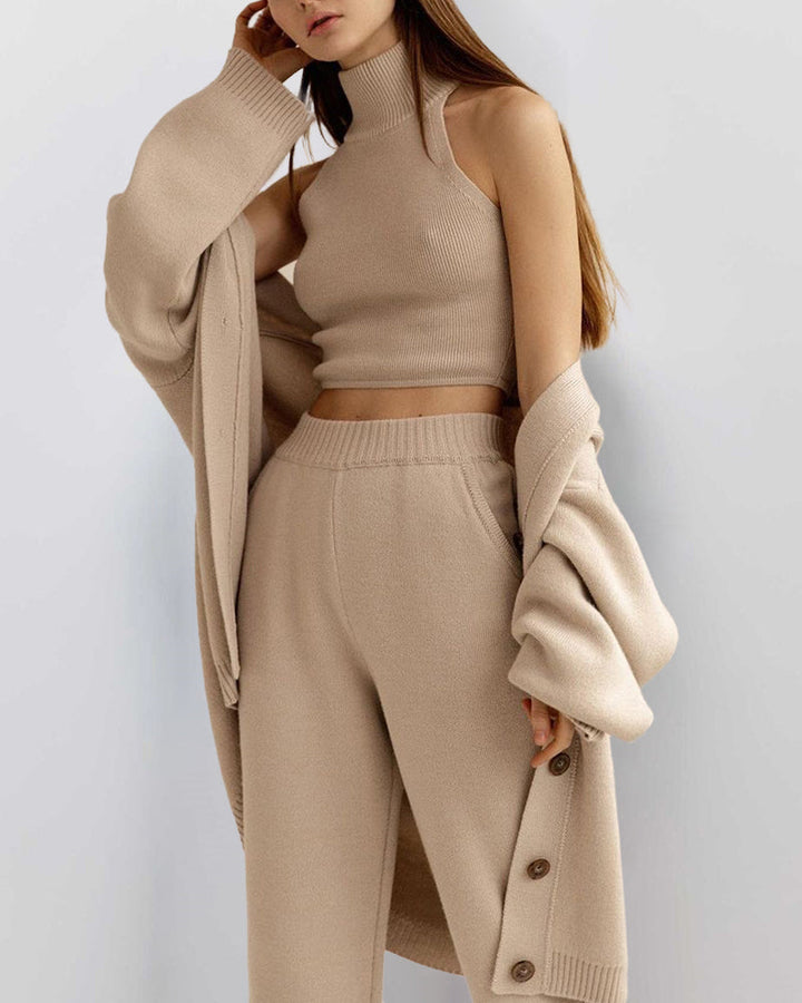 Solid Winter Vest Cardigan Pants Three Piece Knit Sets