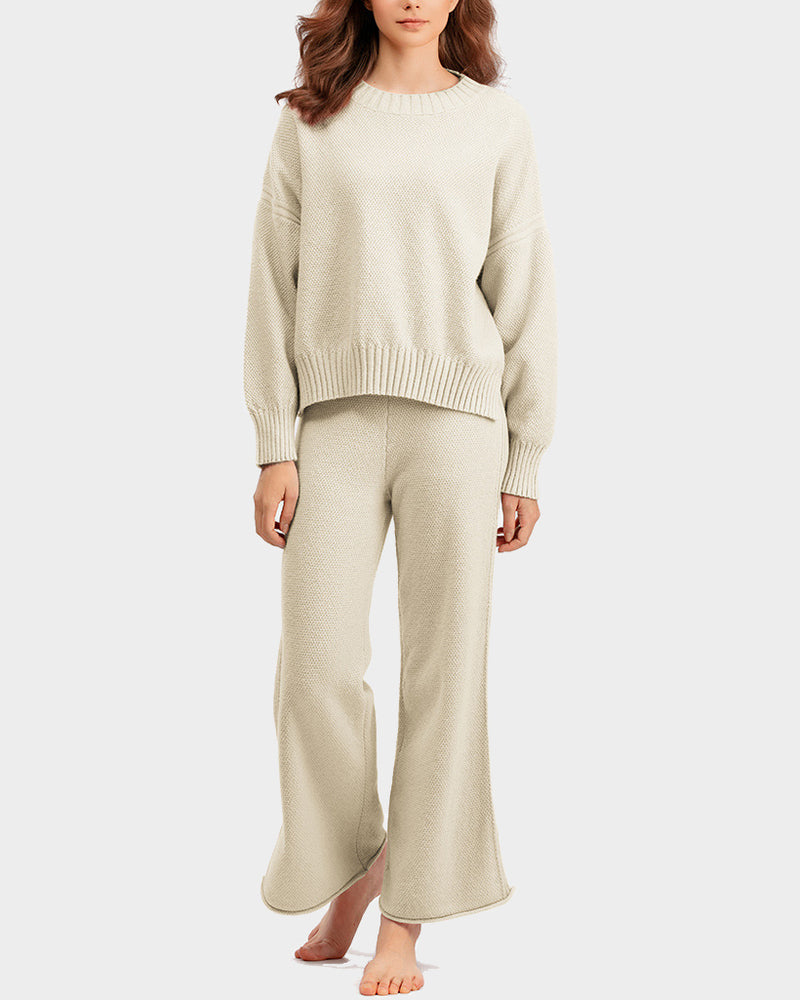 Casual Knit Two-Piece Set Loose-Fit Sweater and Wide-Leg Pants