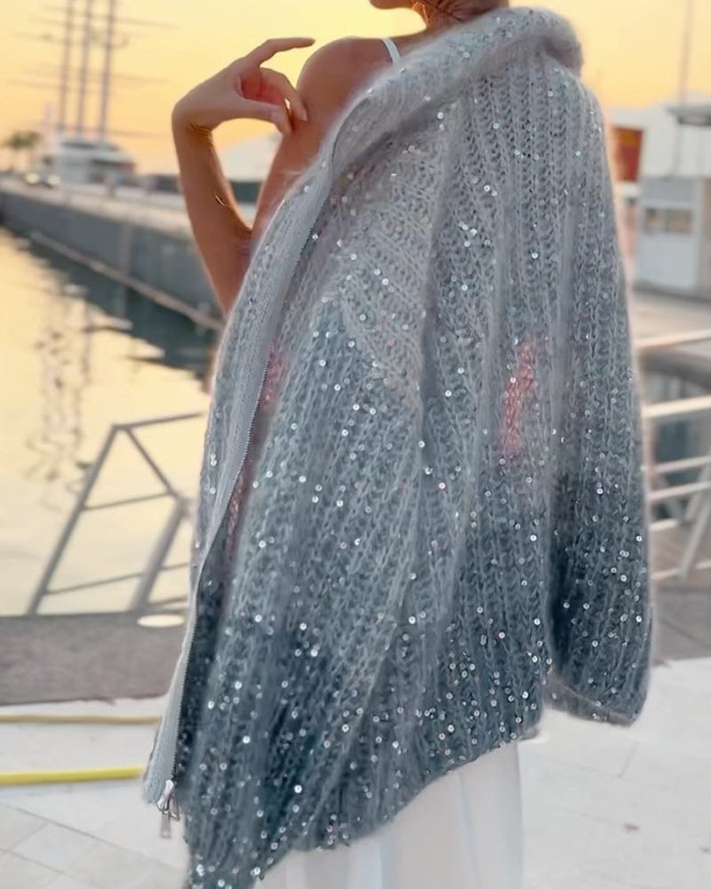 Solid Knit Sequined Sweater Jacket