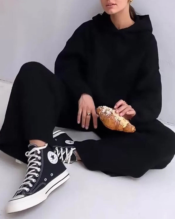 Casual Street Loose Two-piece Sweatsuit Hooded Knitted Loose Top + Wide-leg Pants