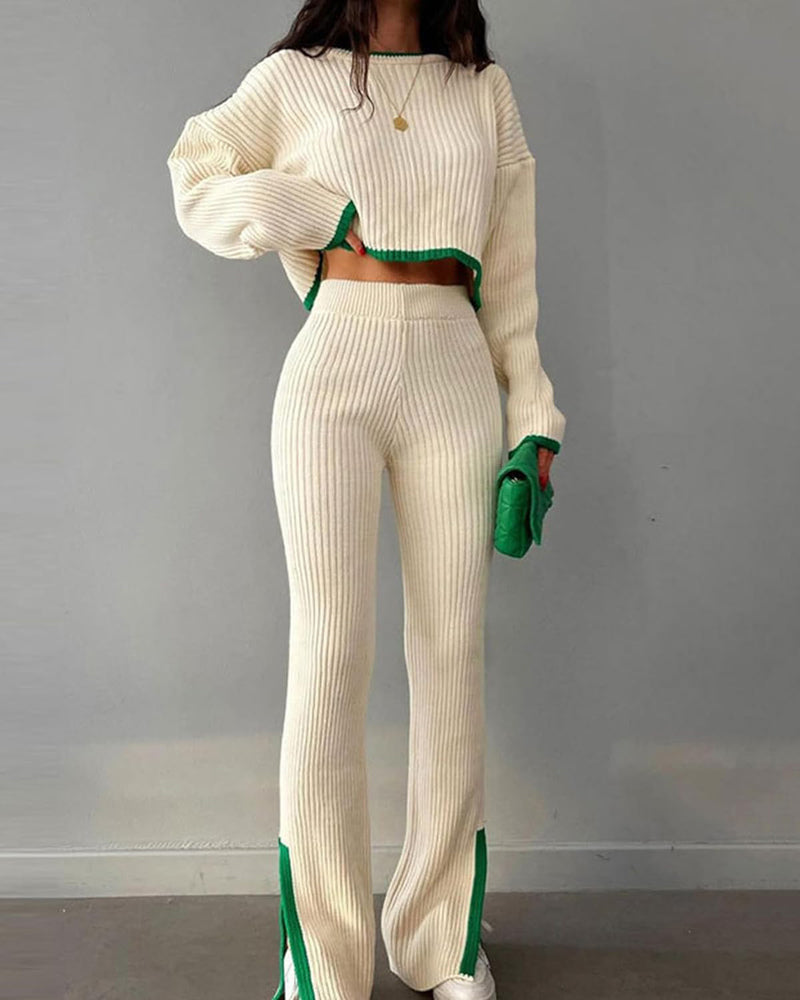 Knit Two Piece Outfit Color Block Cropped Top Long Pants Ribbed Sweater Set