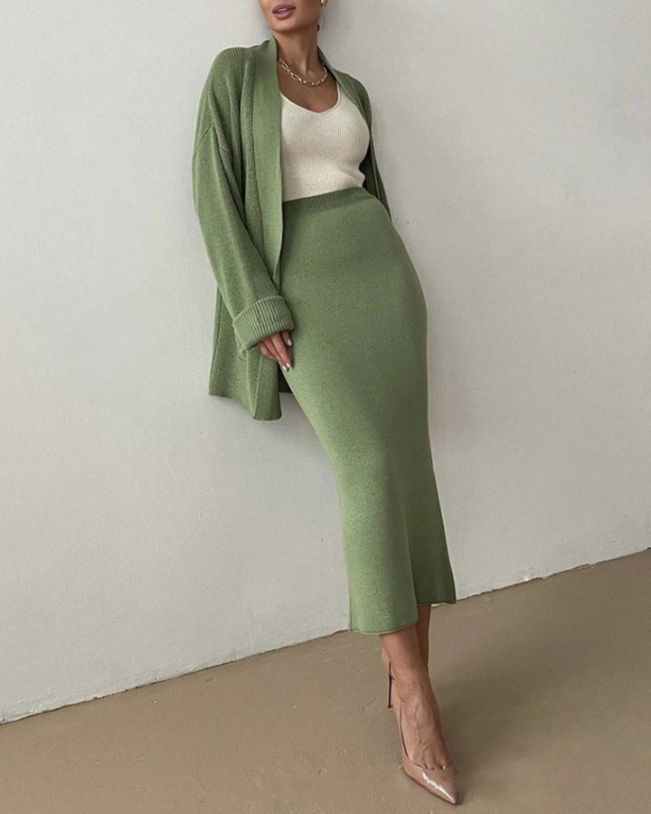 Two Piece Outfit Sweater Set Knitted Cardigan Loose High Waist Long Skirts