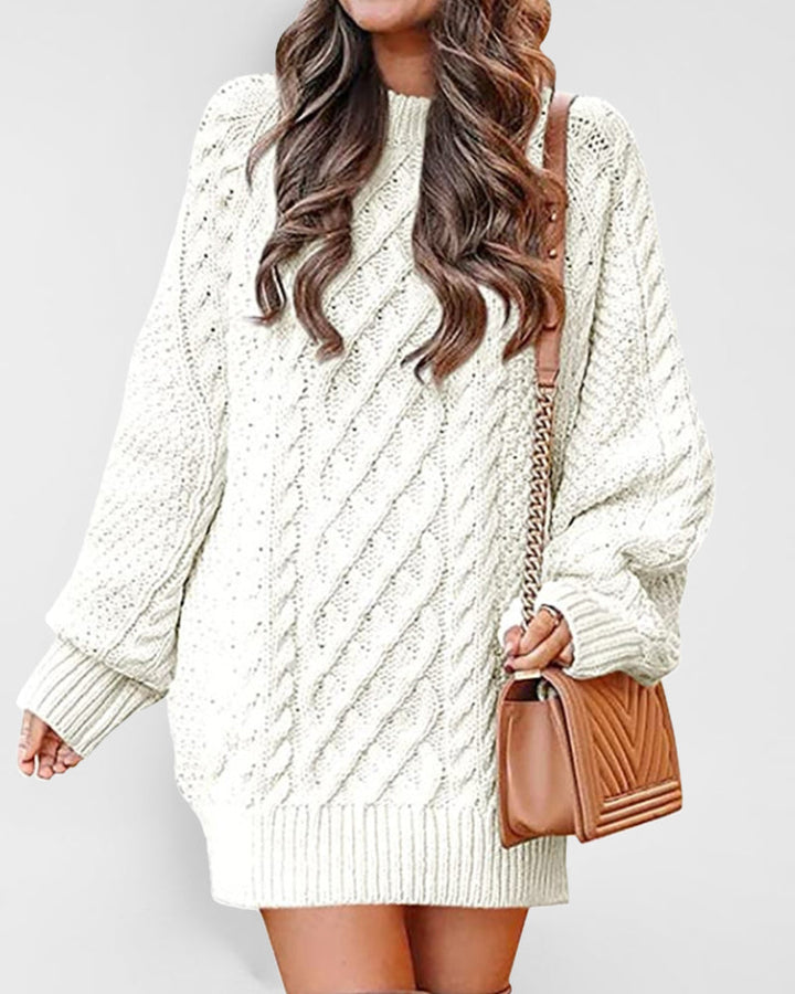 Crewneck Long Sleeve Loose Oversized Cable Knit Chunky Pullover Short Sweater Dresses