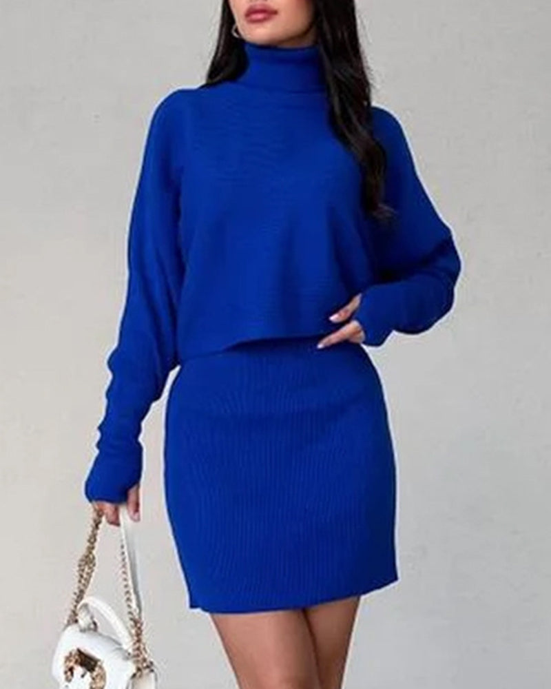 Casual Two Pieces Sets Turtleneck Sweater and Mini Skirt Suits