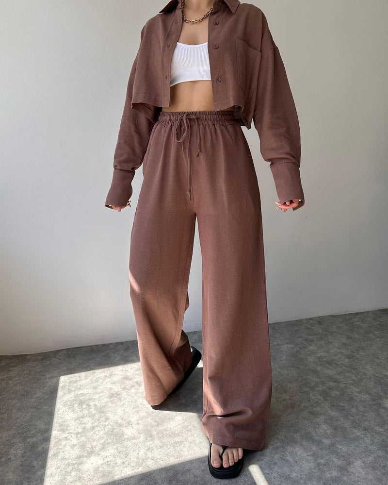 Two Piece Outfits Casual Lounge Sets Long Sleeve Short Casual Shirt with Drawstring Trousers Set