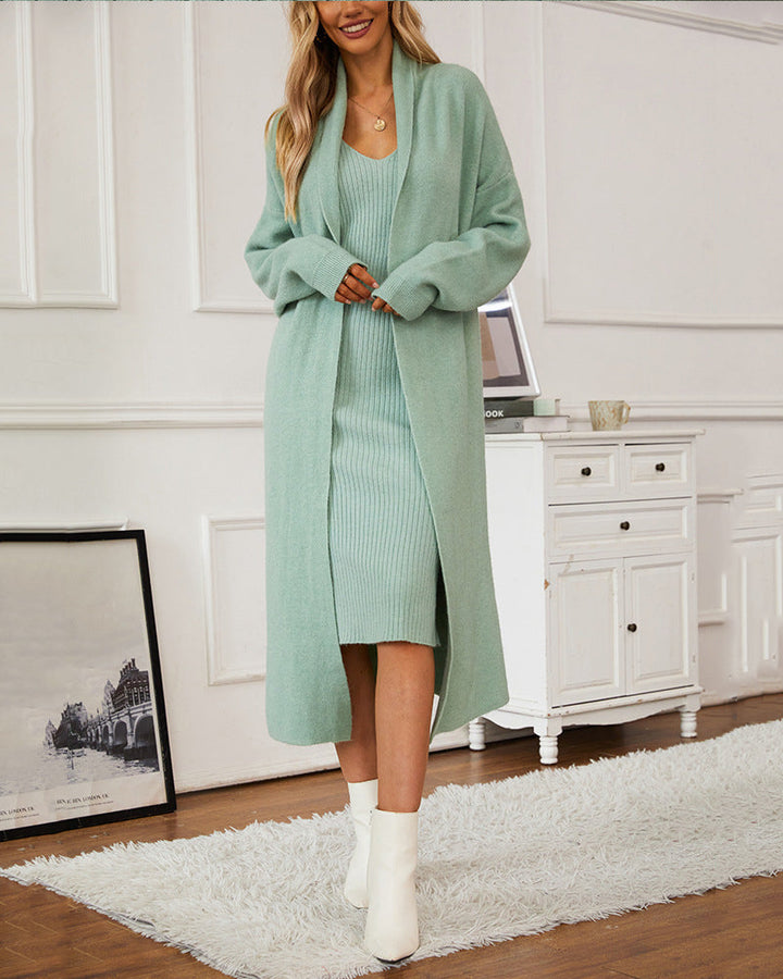 Casual Knitted Cardigan And Sweater Dress Two-Piece Set
