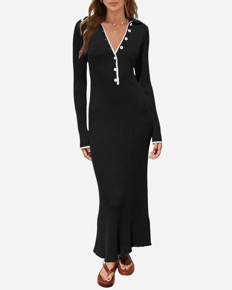 Turndown Collar Button Knit Slim Fit Maxi Dress