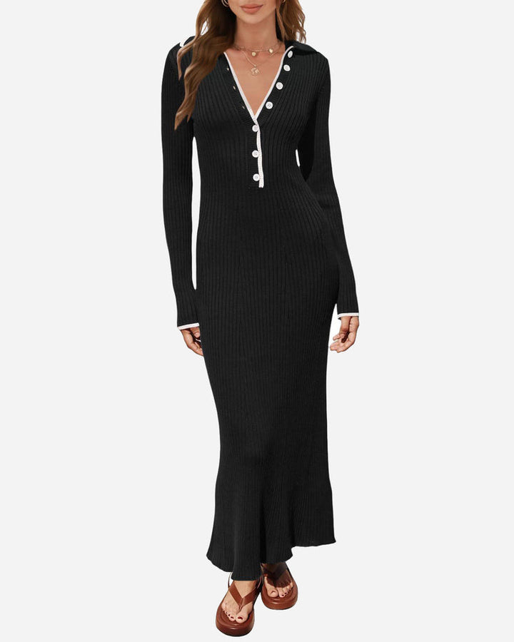 Turndown Collar Button Knit Slim Fit Maxi Dress