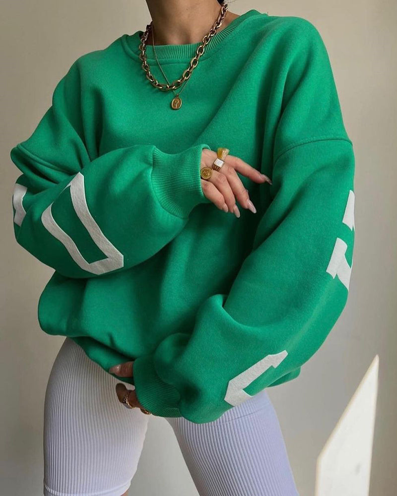 Oversize Sweatshirt Chicago Letter Graphic Long Sleeve Crewneck Pullover Top