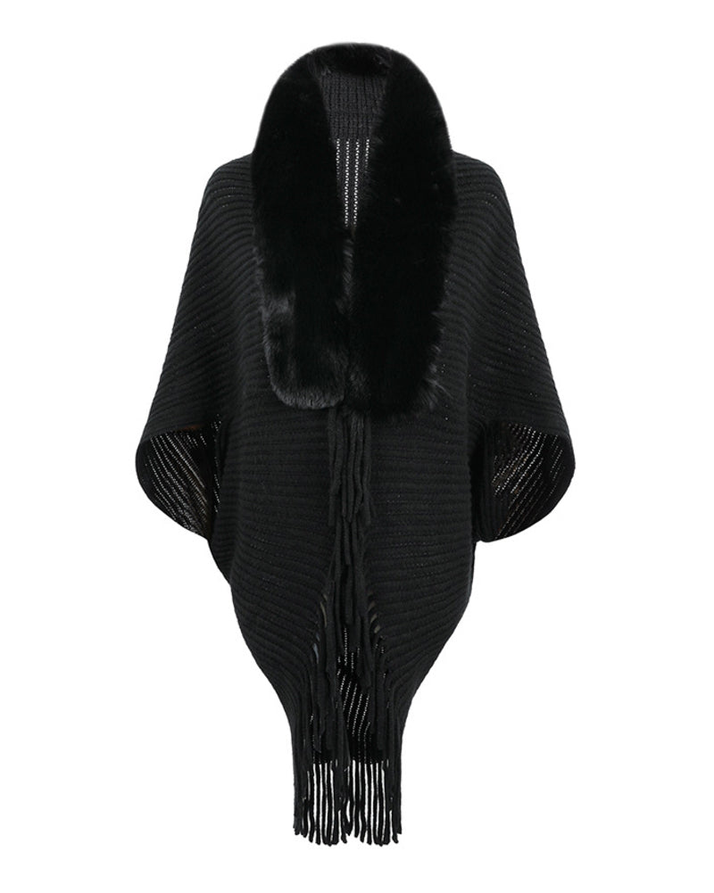 Knit Shawl Womens Solid Color Loose Collar Tassel Cape Knitted Cape Coat