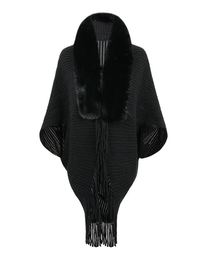 Knit Shawl Womens Solid Color Loose Collar Tassel Cape Knitted Cape Coat