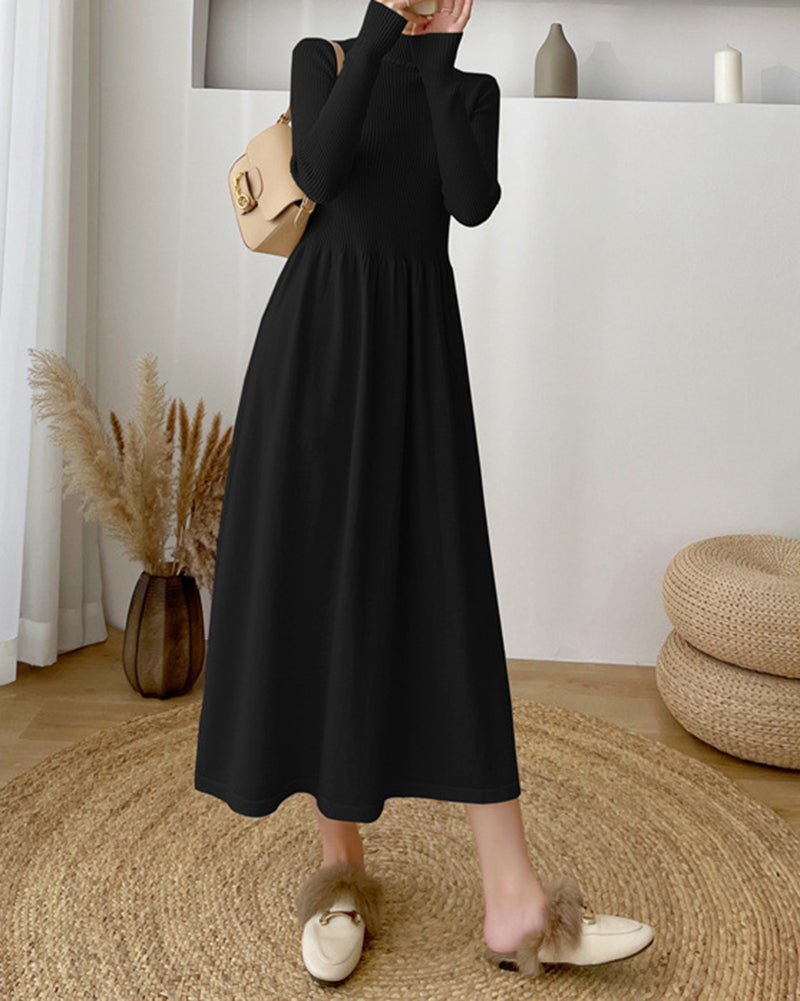 Long-Sleeve High Neck Plain Ribbed Midi A-Line Knit Dress