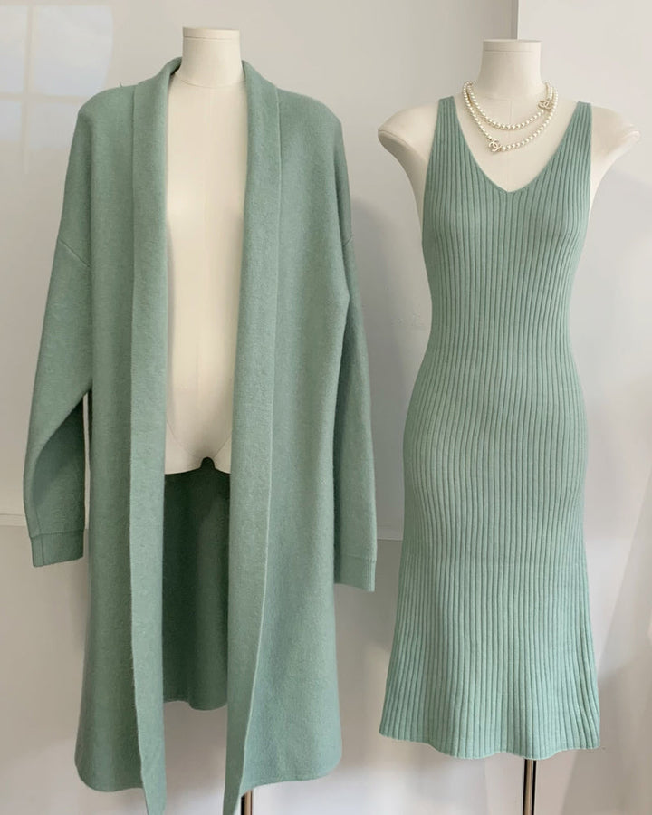 Casual Knitted Cardigan And Sweater Dress Two-Piece Set