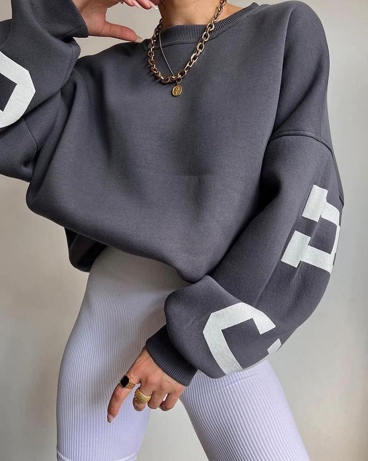 Oversize Sweatshirt Chicago Letter Graphic Long Sleeve Crewneck Pullover Top