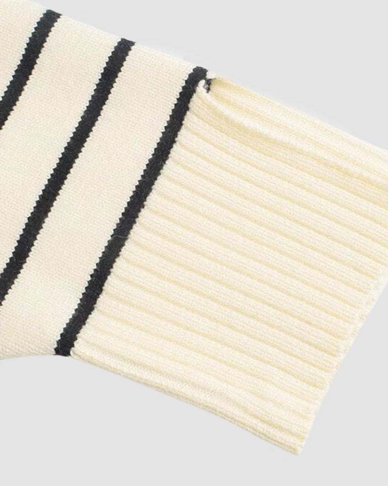 Mock Neck Zip-Up Striped Pullover Loose Sweater