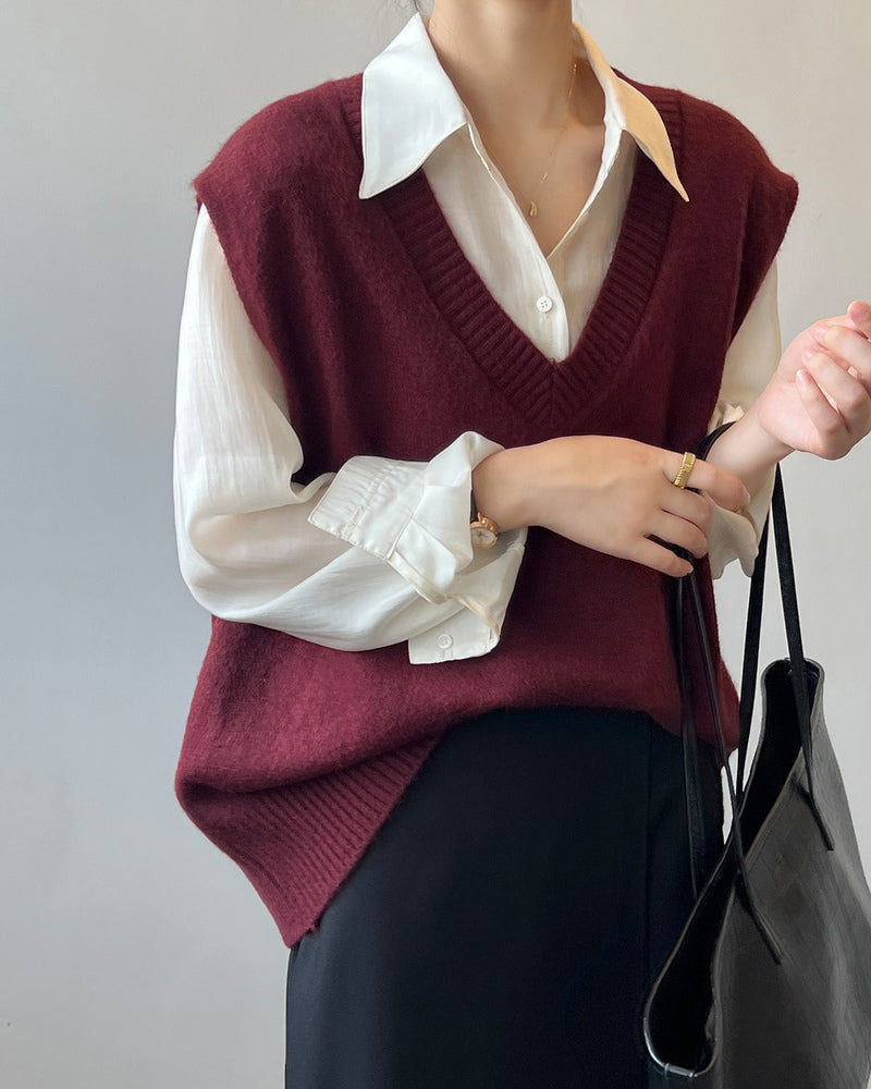 Soft Felt Loose Fit V Neck Sweater Vest