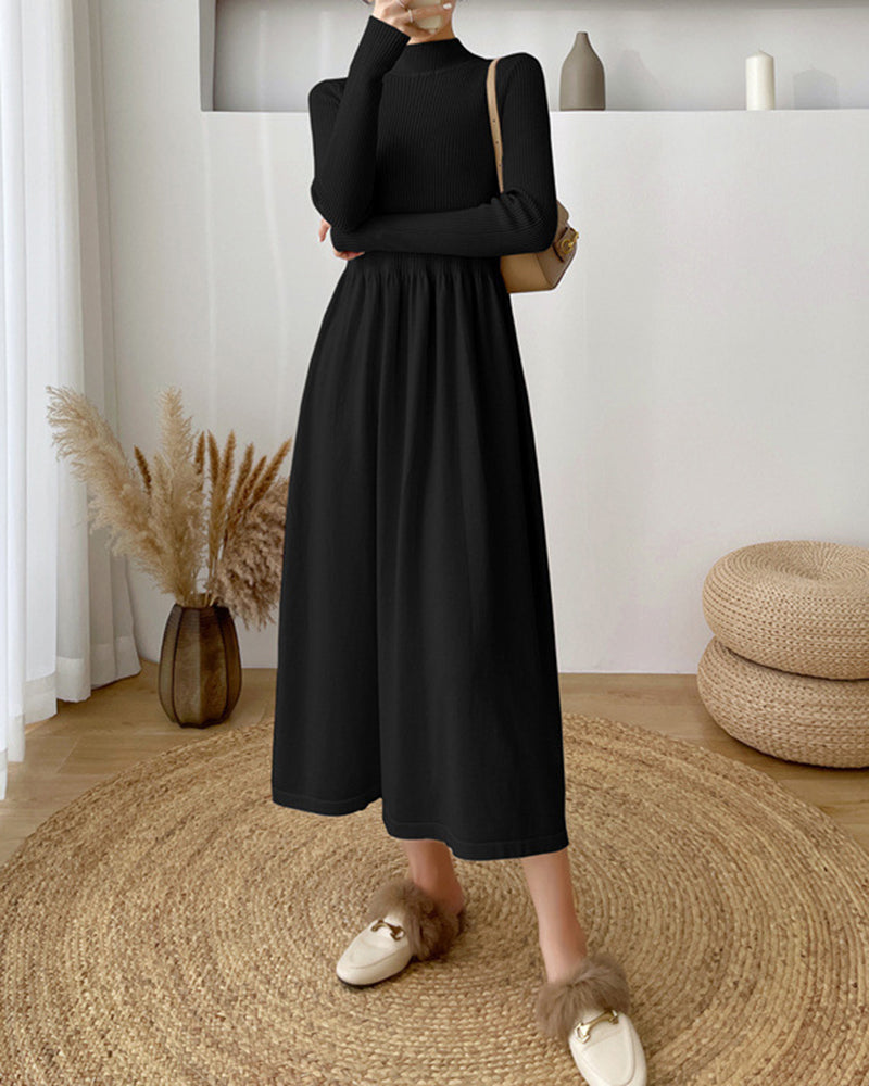 Long-Sleeve High Neck Plain Ribbed Midi A-Line Knit Dress