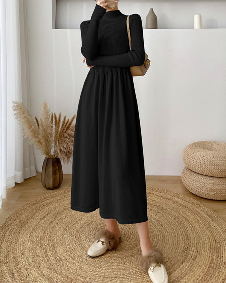 Long-Sleeve High Neck Plain Ribbed Midi A-Line Knit Dress