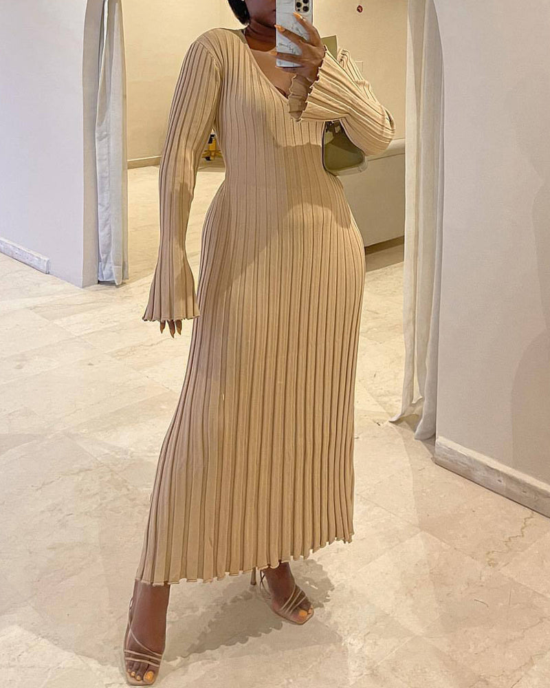 Long Sleeve Dress V-Neck Knit Maxi Dress Ribbed Elegant Long High Waist Pleated Dresses