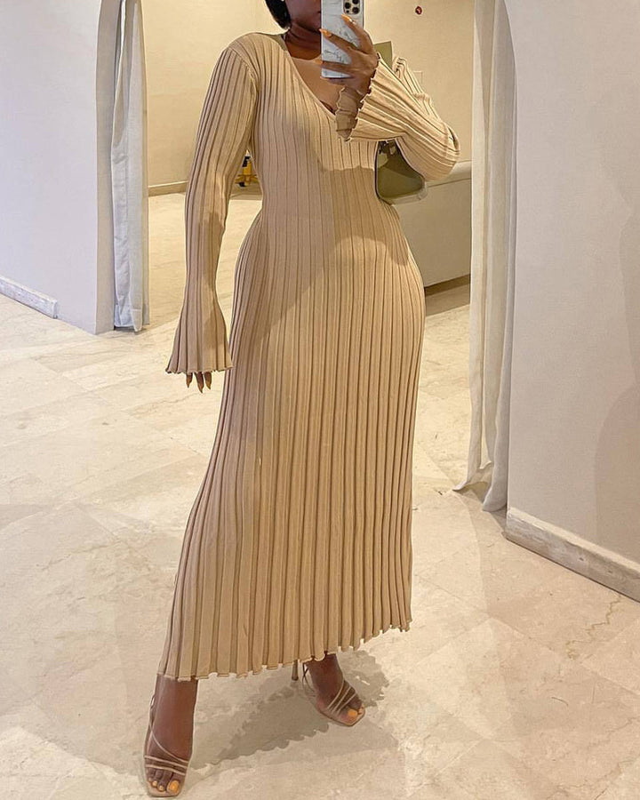 Long Sleeve Dress V-Neck Knit Maxi Dress Ribbed Elegant Long High Waist Pleated Dresses