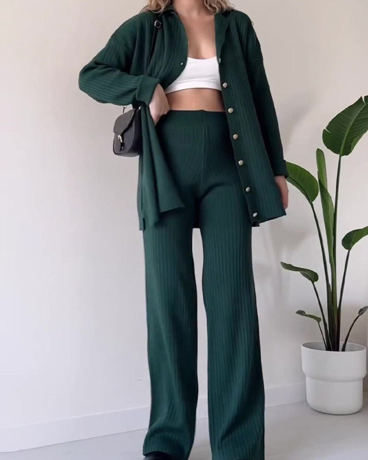 Solid Color Design Button Ribbed Knitted Two Piece Sets