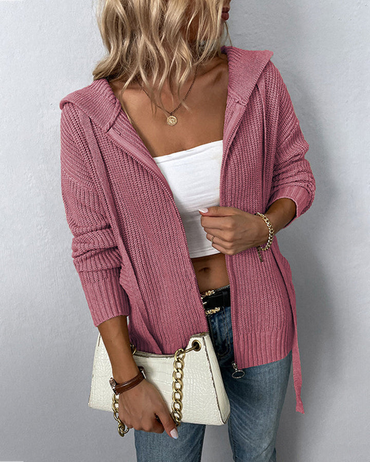 Long Sleeve Zipper Knitted Cardigan Hoodie Casual Short Sweater Outerwear