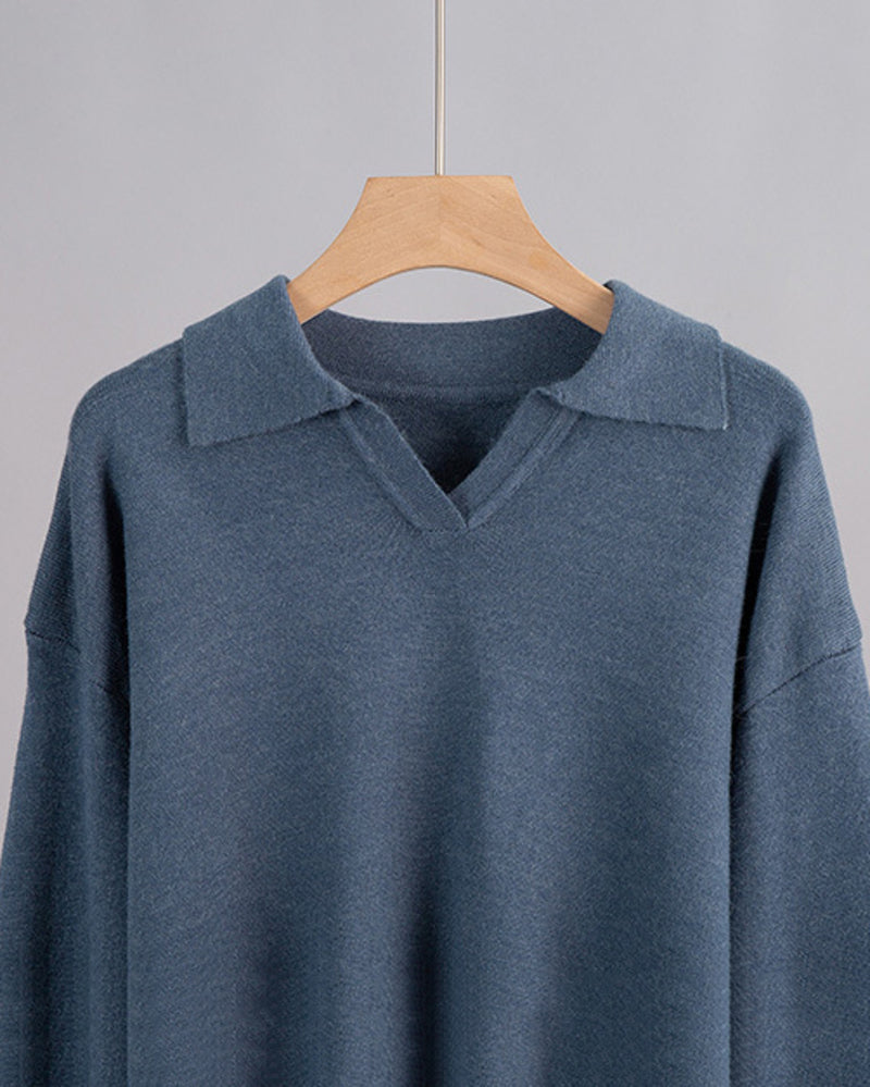 Casual Two-Pieces Outfits Lapel V Neck Sweater and Trousers Sets