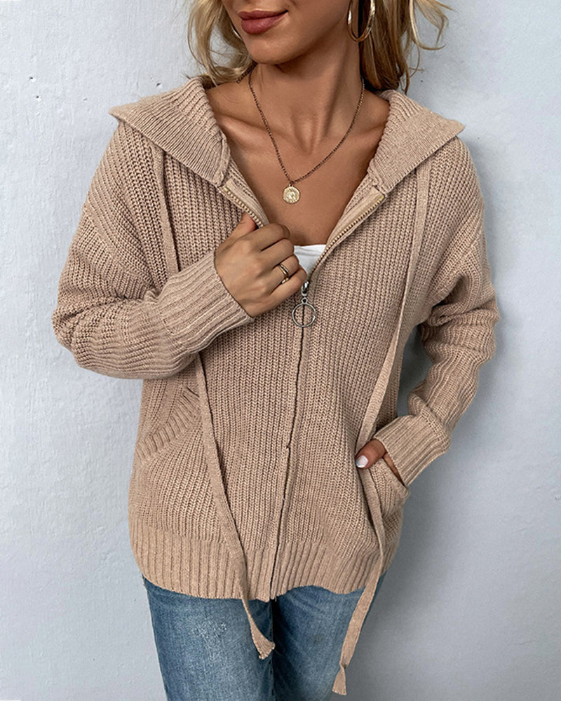Long Sleeve Zipper Knitted Cardigan Hoodie Casual Short Sweater Outerwear