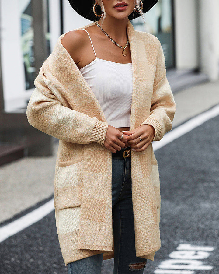 Plaid Dropped Shoulder Cardigan with Pocket