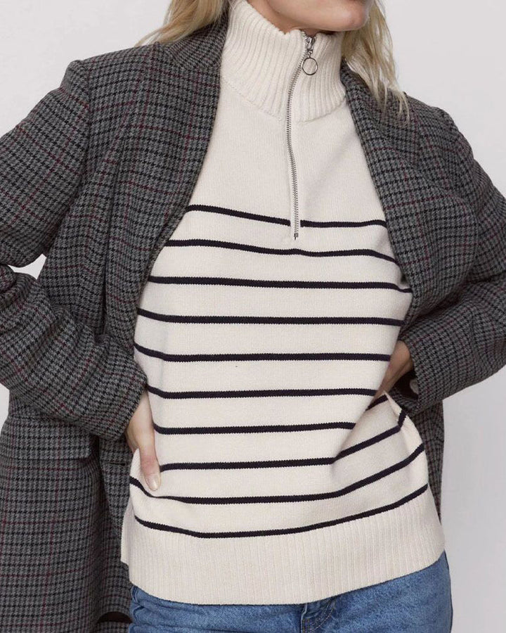 Mock Neck Zip-Up Striped Pullover Loose Sweater