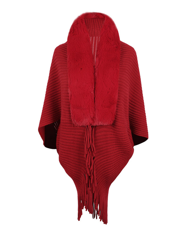 Knit Shawl Womens Solid Color Loose Collar Tassel Cape Knitted Cape Coat
