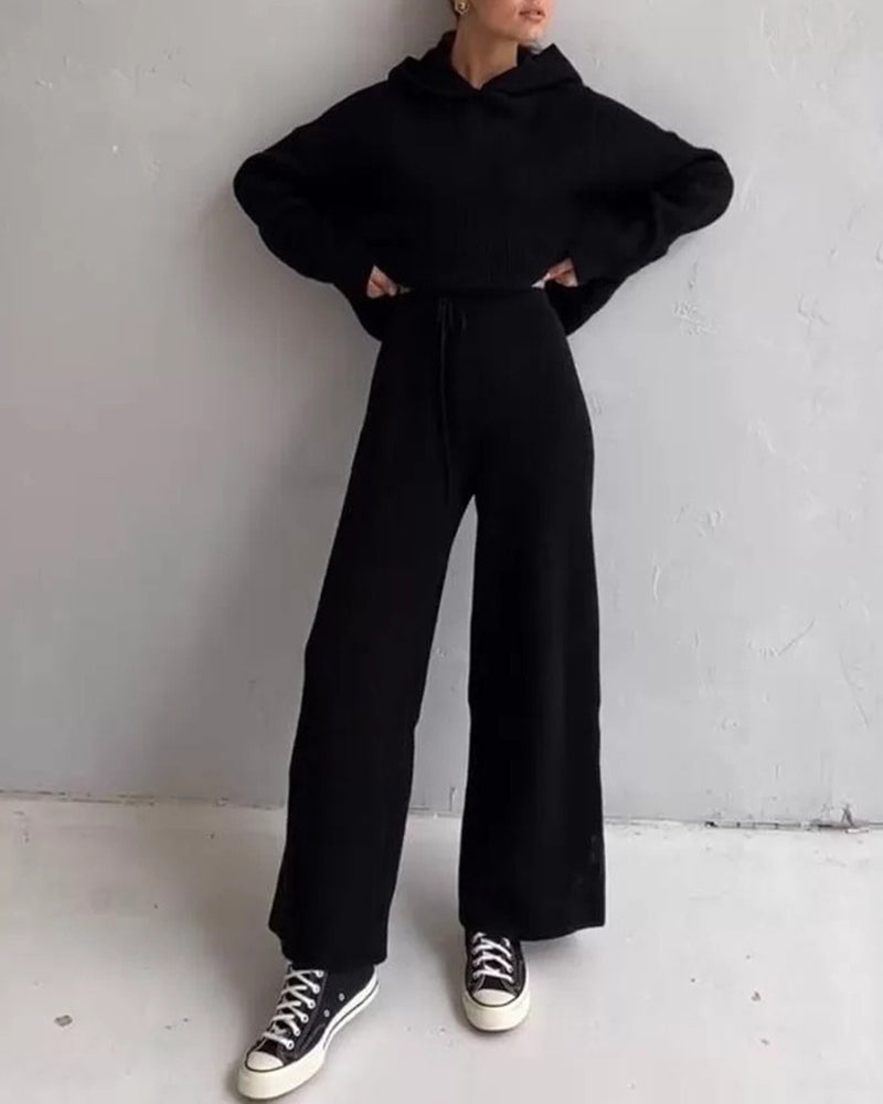 Casual Street Loose Two-piece Sweatsuit Hooded Knitted Loose Top + Wide-leg Pants