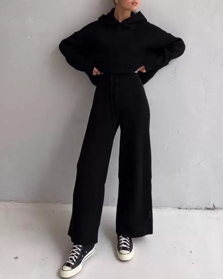 Casual Street Loose Two-piece Sweatsuit Hooded Knitted Loose Top + Wide-leg Pants