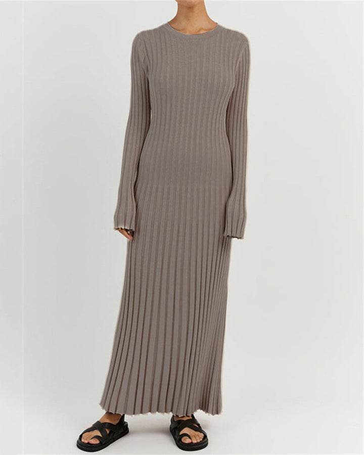 Long Sleeve Dress Crew-Neck Knit Maxi Dress Ribbed Elegant Long High Waist Pleated Dresses